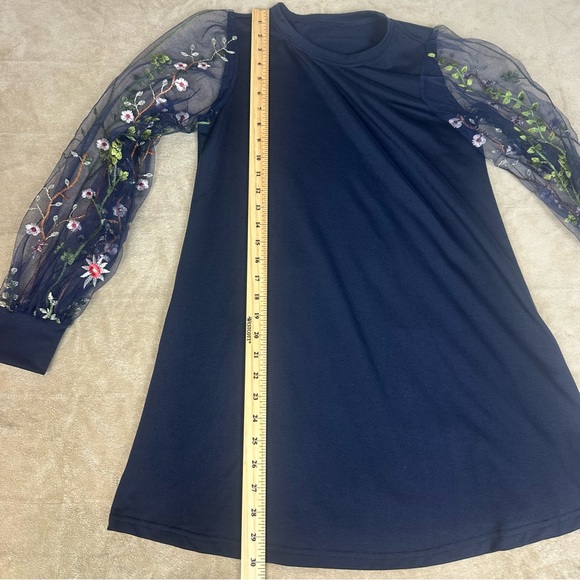 Sheer Fairy Goth Top Mesh Floral Embroidery Sleeve Tunic‎ Navy Crew Neck Wms XS - Picture 8 of 12